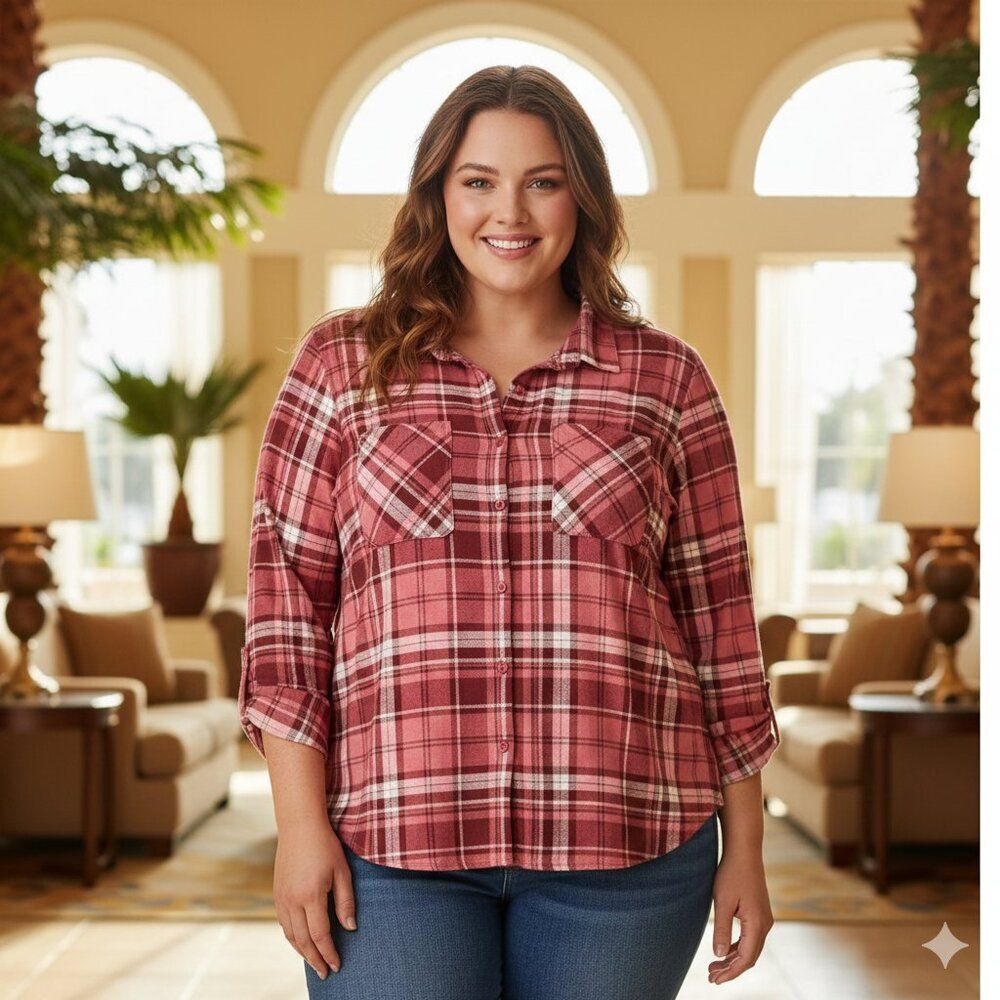 By Design Red Plaid Button-Up Shirt Size 3X